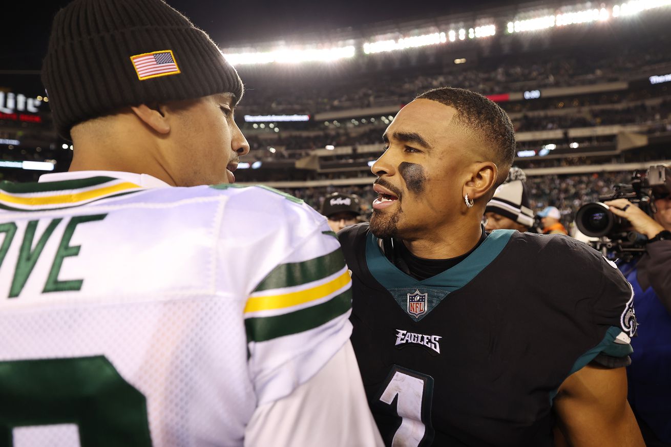 Jordan Love #10 of the Green Bay Packers greets Jalen Hurts #1 of the Philadelphia Eagles after the Philadelphia Eagles defeated the Green Bay Packers 40-33 at Lincoln Financial Field on November 27, 2022 in Philadelphia, Pennsylvania.