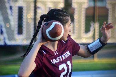 Eastern quarterback Kira Green looks to throw during the Atlantic East Championship for women’s flag football on Saturday, April 26, 2025, in Arlington, Va.