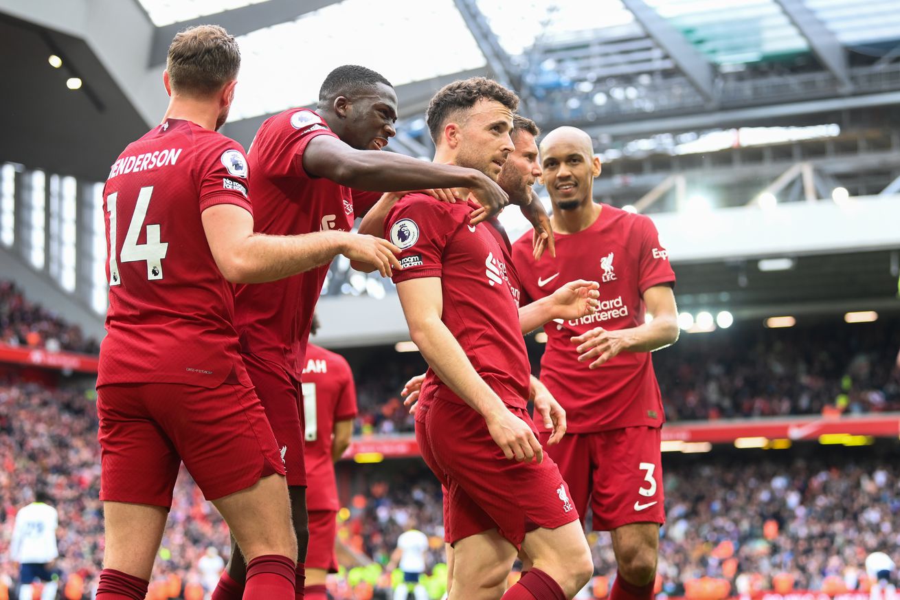Diogo Jota of Liverpool celebrates scoring to make it 4-3 during the Premier League match between Leeds United and Leicester City at Elland Road on April 25, 2023 in Leeds, England.