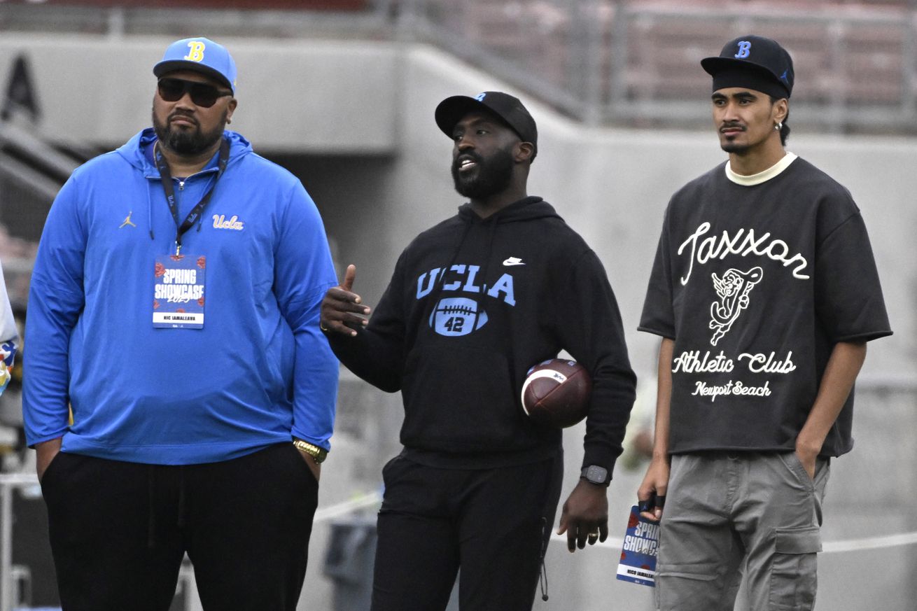 The UCLA football spring practice at the Rose Bowl in Pasadena.