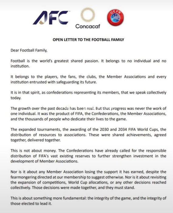 BREAKING: UEFA, AFC and Concacaf Accuses FIFA President Infantino of ‘Deception’ and ‘Breach of Trust’